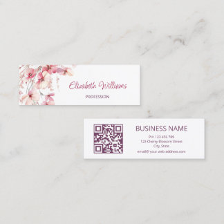 QR Code Pink Boho Flowers White Mini Business Card