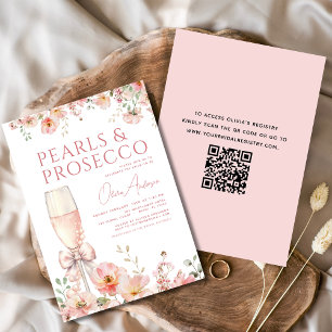 QR Code Pink Bow Pearls & Prosecco Bridal Shower  Invitation
