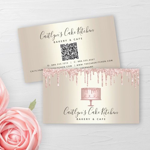 QR Code Pink Cake Bakery Dessert Glitter Drip Gold Business Card