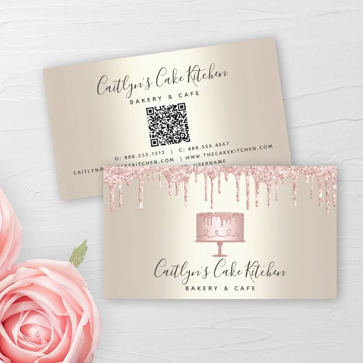 Customizable QR Code Pink Cake Bakery Dessert Glitter Drip Gold Business Card