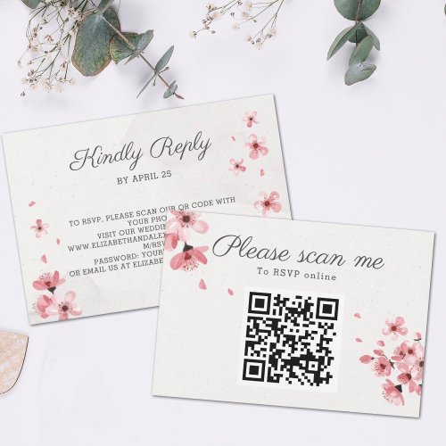 QR Code Pink cherry blossom chic floral wedding RSVP Card