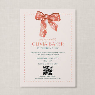 QR Code Pink Coquette Bow Girls Birthday Invitation