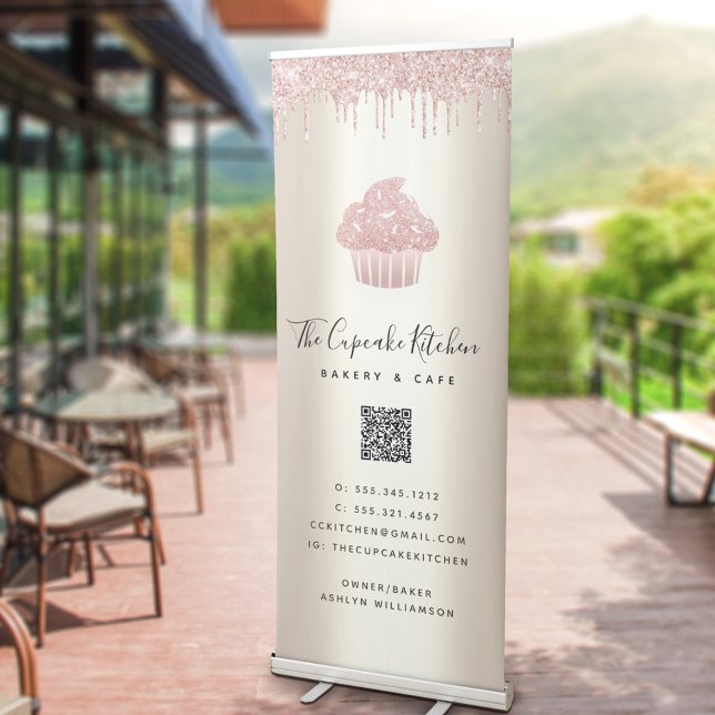 QR Code Pink Cupcake Bakery Café Glitter Drip Gold Retractable Banner (Creator Uploaded)