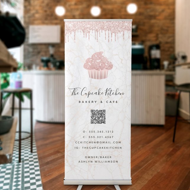 QR Code Pink Cupcake Glitter Bakery Café Marble Retractable Banner (Creator Uploaded)