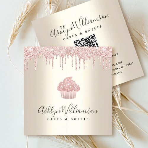 QR Code Pink Cupcake Glitter Drip Bakery Chef Gold Square Business Card