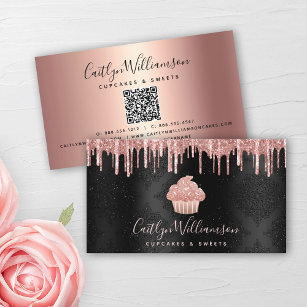 QR Code Pink Cupcake Glitter Drips Bakery Black Business Card