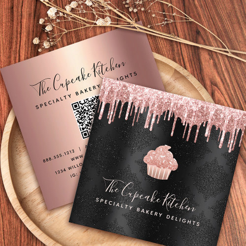 QR Code Pink Cupcake Glitter Drips Bakery Black Square Business Card