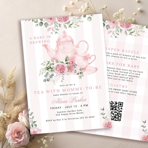 QR code pink floral tea baby girl shower Invitation