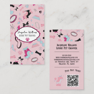 QR Code Pink Girly Mid-Century Pet Groomer III Business Card