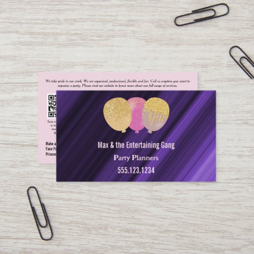 QR Code  Pink Glitter Balloons Party Planner Business Card