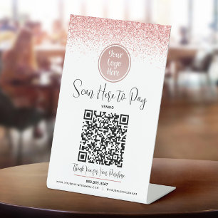 QR Code Pink Glitter Custom Logo Pay Here White Pedestal Sign