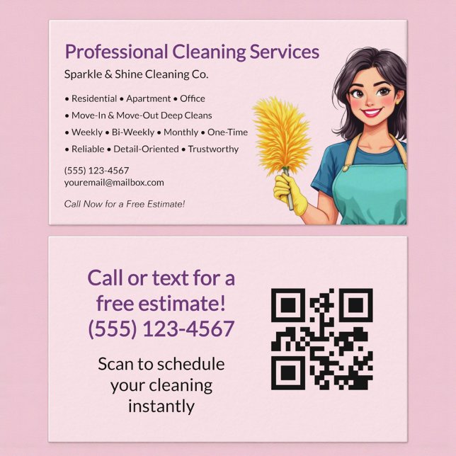 QR Code Pink Maid House Cleaning Service Business Card (Creator Uploaded)