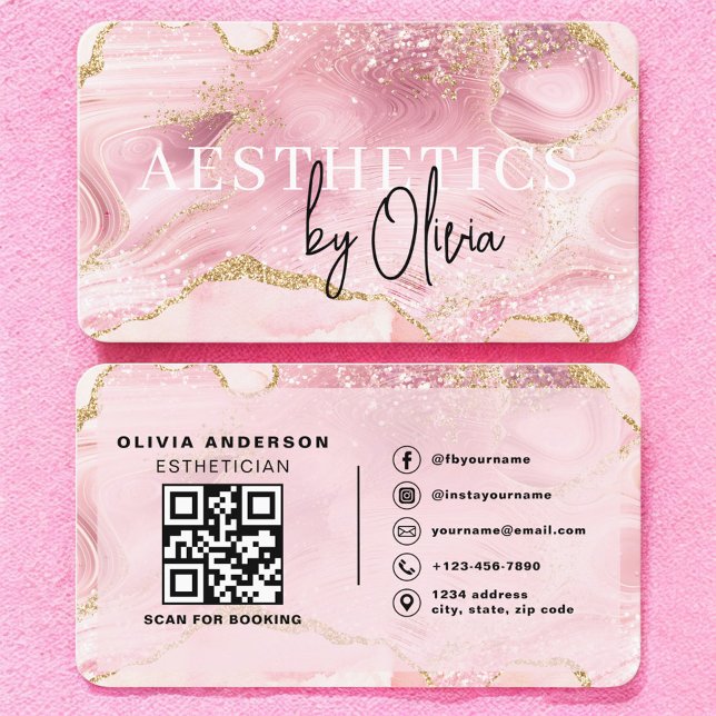 QR Code Pink Marble Esthetician & Spa Business Card (Creator Uploaded)