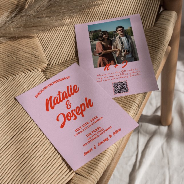QR Code Pink Orange Bright Funky Photo Wedding Invitation (Creator Uploaded)