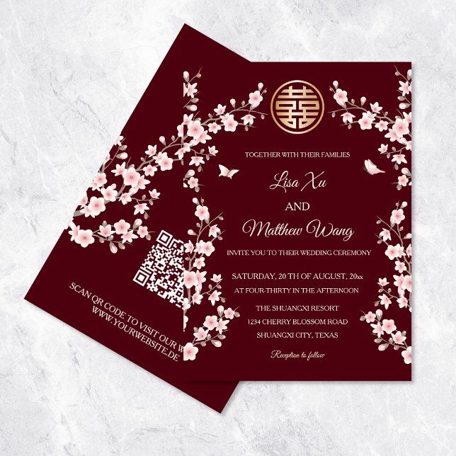 QR Code Pink Oriental Blossom Chinese Wedding Invitation (Creator Uploaded)