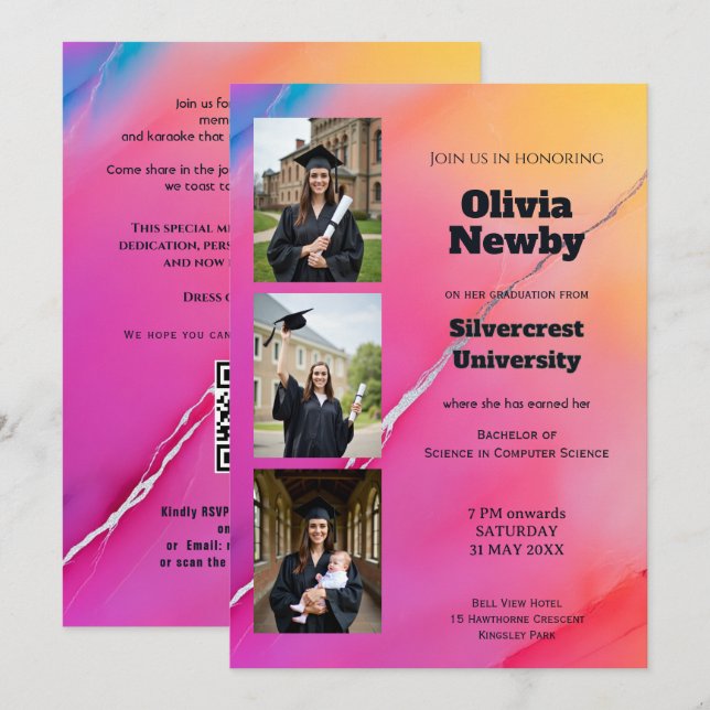 🎓 QR Code Pink  Rainbow Marble  Graduation Party Invitation (Front/Back)