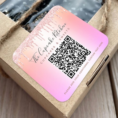 QR Code Pink Rose Glitter Drips Rainbow Ombre Name Square Sticker
