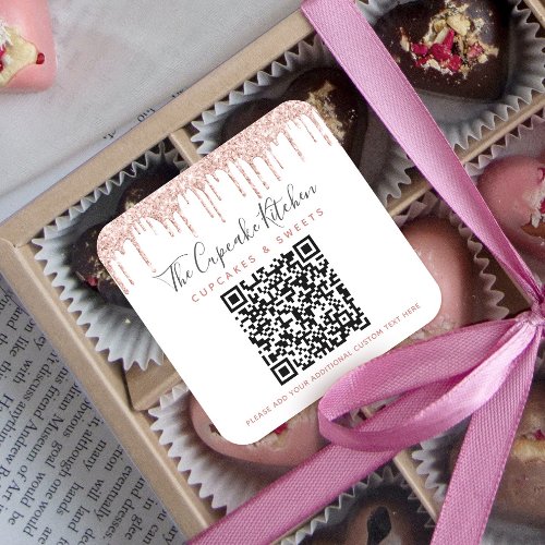 QR Code Pink Rose Gold Glitter Drips Business Name Square Sticker