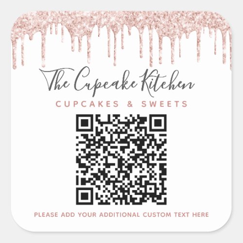 QR Code Pink Rose Gold Glitter Drips Business Name Square Sticker