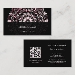 QR Code   Pink Shiny Black Floral Mandala Business Card