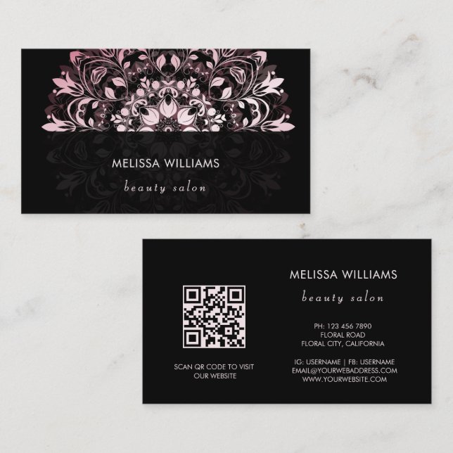 QR Code | Pink Shiny Black Floral Mandala Business Card (Front/Back)