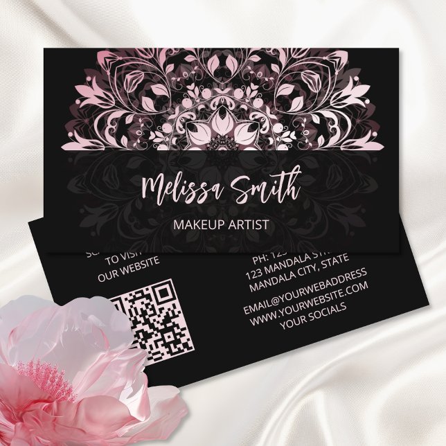 QR Code | Pink Shiny Black Floral Mandala Business Card (Creator Uploaded)