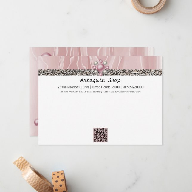 QR Code Pink Silk & Foil Business Note Card (Front/Back In Situ)