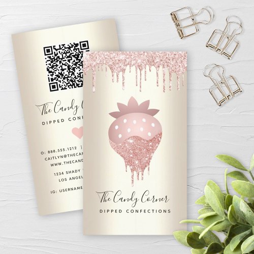 QR Code Pink Strawberry Glitter Confection Gold Business Card