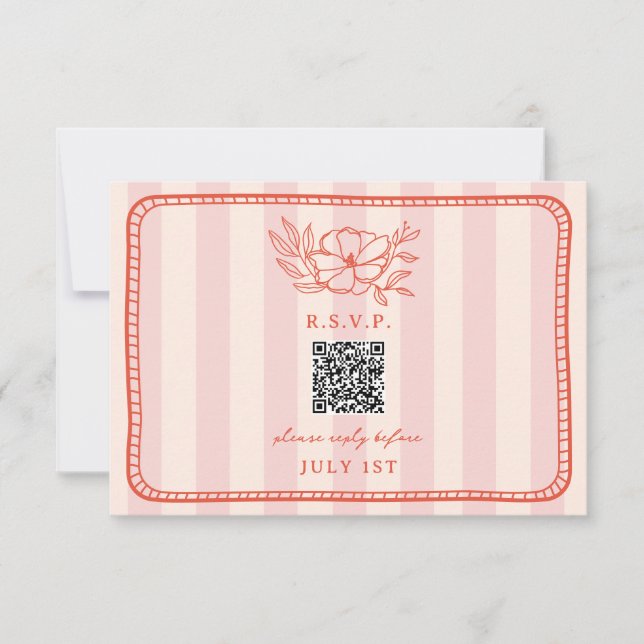 QR Code Pink Stripe Floral Wedding QR RSVP Card (Front)