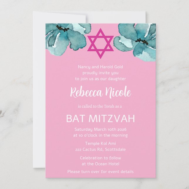 QR Code Pink Watercolor Floral Bat Mitzvah Invitation (Front)