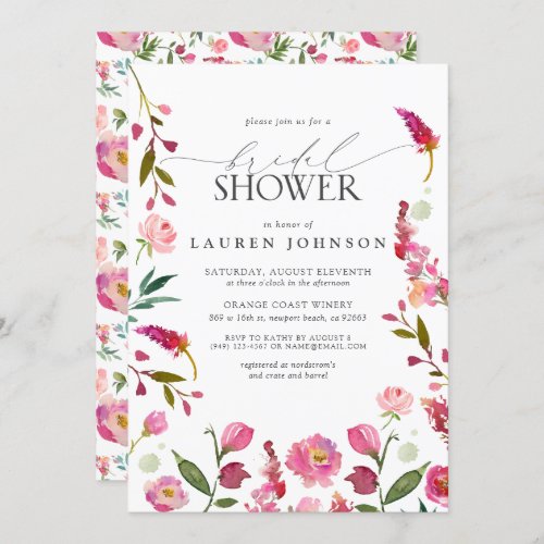 QR Code Pink Watercolor Flowers Bridal Shower Invitation