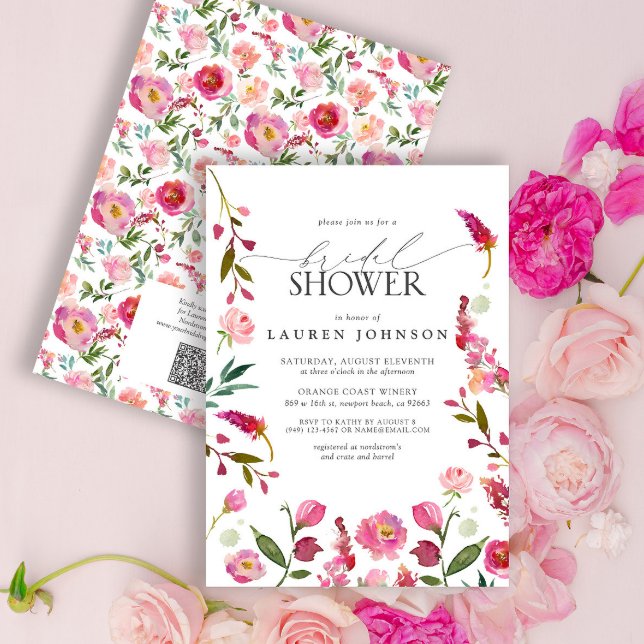 QR Code Pink Watercolor Flowers Bridal Shower Invitation (Creator Uploaded)