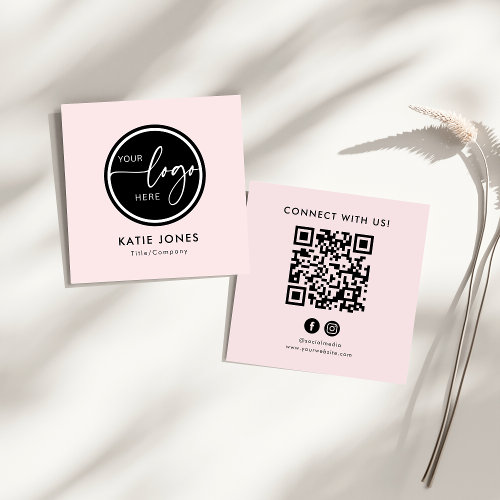 QR Code Pink White Custom Logo Connect with Us Square Business Card