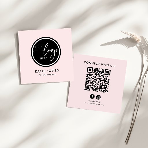 Customizable QR Code Pink White Custom Logo Connect with Us Square Business Card