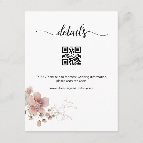 QR Code Pink Wildflower Floral Wedding Details Enclosure Card