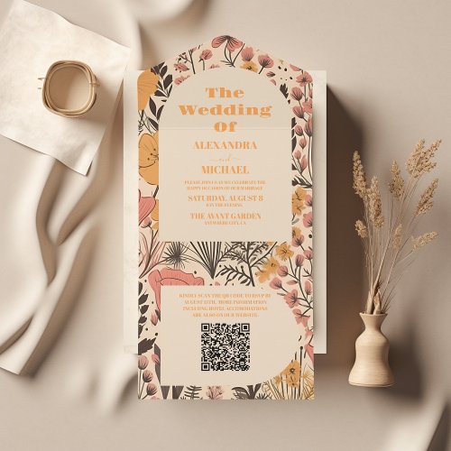 QR Code  Pink Yellow Orange Wildflowers Wedding All In One Invitation