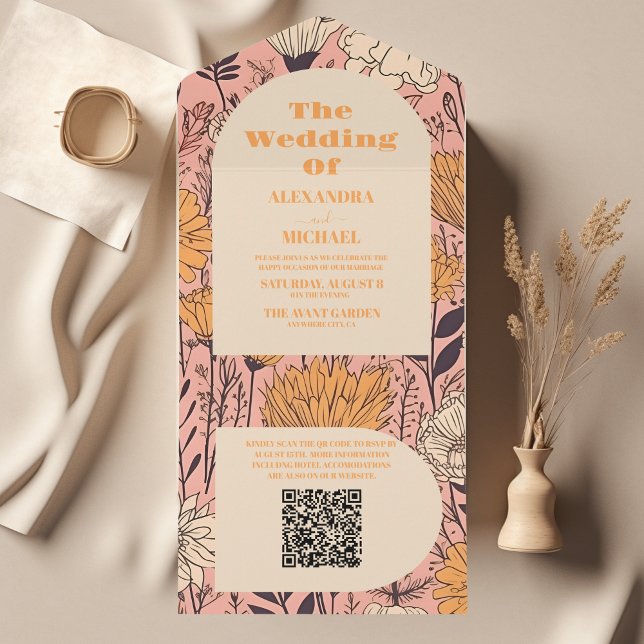 QR Code  Pink Yellow Orange Wildflowers Wedding All In One Invitation (Creator Uploaded)