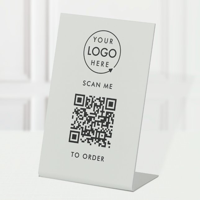 QR Code Place Order | Silver Gray Business Logo Pedestal Sign (Interactive "scan to order" QR code table signs for restaurants, bars, cafes & hospitality events.)