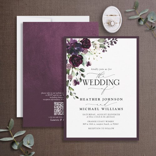 QR Code Plum Purple Floral Watercolor Script Invitation