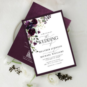 QR Code Plum Purple Floral Watercolor Script Invitation
