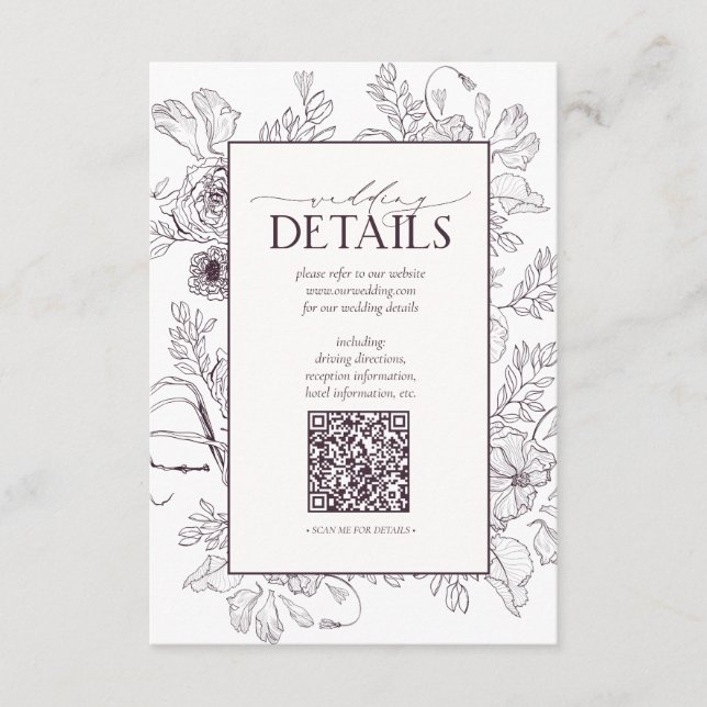 QR Code Plum Purple Floral Wedding Details Enclosure Card (Front)