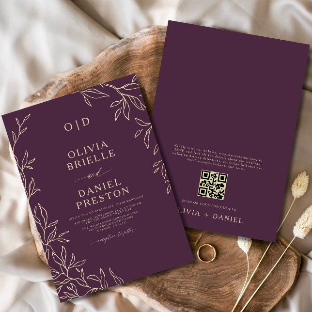 QR Code Plum Purple & Gold Minimal Leaf Wedding Invitation (Creator Uploaded)