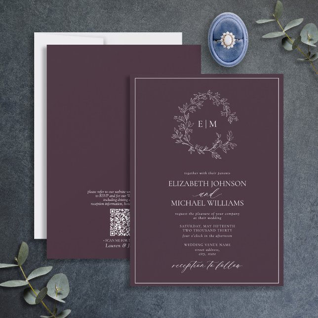 QR Code Plum Purple Leafy Crest Monogram Wedding Invitation (Creator Uploaded)