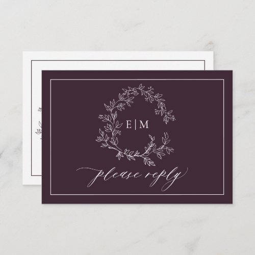 QR Code Plum Purple Leafy Crest Monogram Wedding RSVP Card