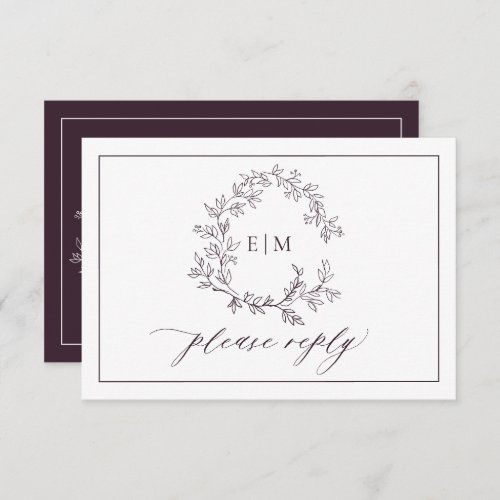 QR Code Plum Purple Leafy Crest Monogram Wedding RSVP Card