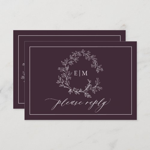 QR Code Plum Purple Leafy Crest Monogram Wedding RSVP Card