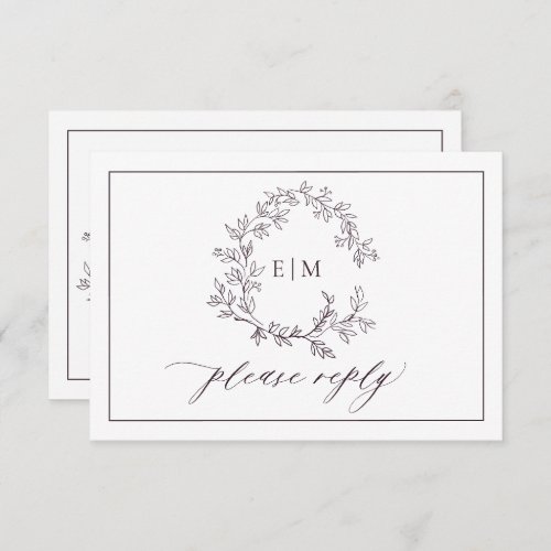 QR Code Plum Purple Leafy Crest Monogram Wedding RSVP Card