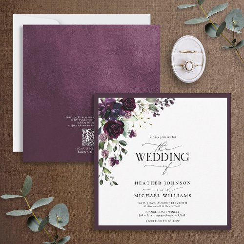 QR Code Plum Purple Mauve Floral Watercolor Script Invitation