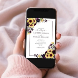 QR Code Plum Purple Sunflower Watercolor Wedding Invitation