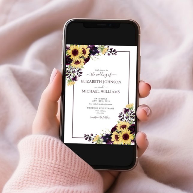 QR Code Plum Purple Sunflower Watercolor Wedding Invitation (Creator Uploaded)